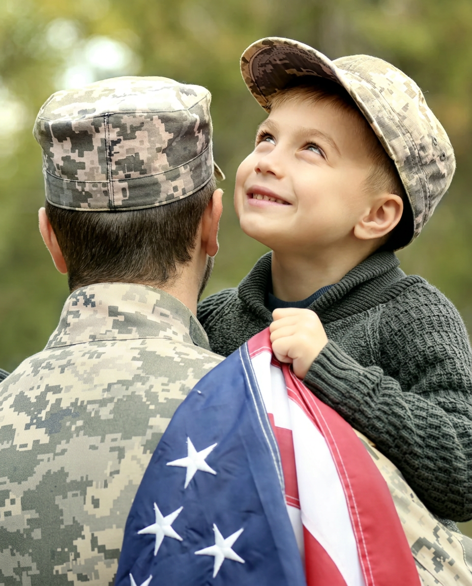 A parent in uniform stands outside their home at dusk while a young child sits up on their shoulders, laughing